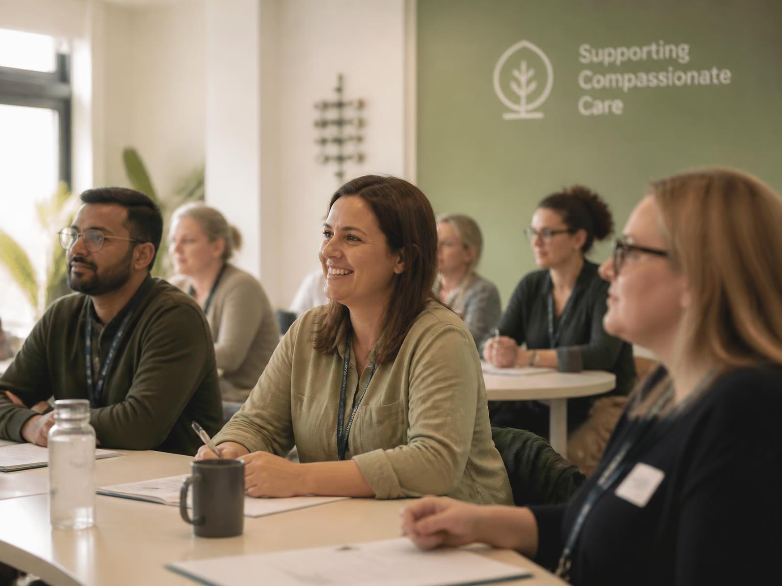 Diverse adult care professionals participating in a professional training session
